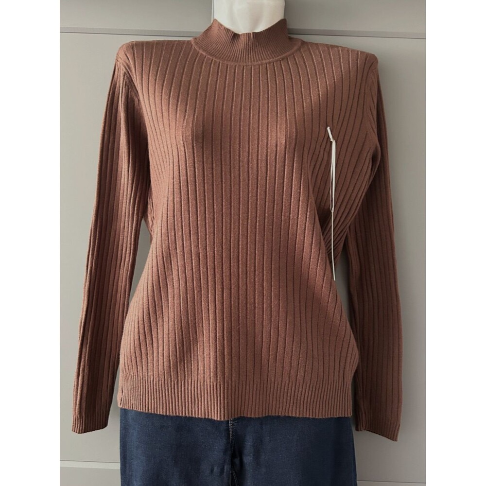 Womens S Brown Ribbed Mock Neck Cashmere Blend Sweater Casual Elegant Pullover
